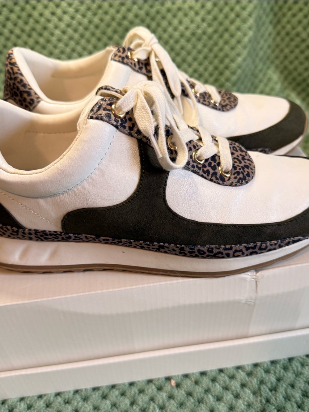 crown & ivy White Sneakers with Green Panels & Leopard Trim